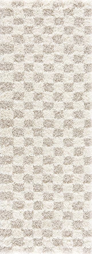 BoutiqueRugs Atira Checkered Shag Runner Rug - Cream, Light Beige, Light Brown - 2'7" x 16' Runner