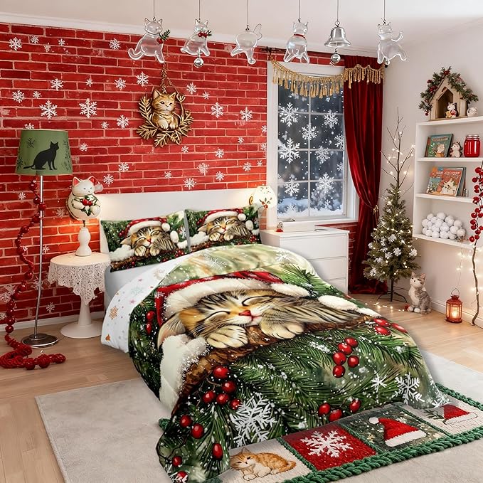 Xmas Cat Kids Comforter Set Full Size,Snowflake Holly Berry Winter Bedding Set,Girls Boys Room Decor,Christmas Poinsettia Animal Quilt Comforter,Green Yellow Duvet Set Bedroom Quilt Set,2 Pillowcases