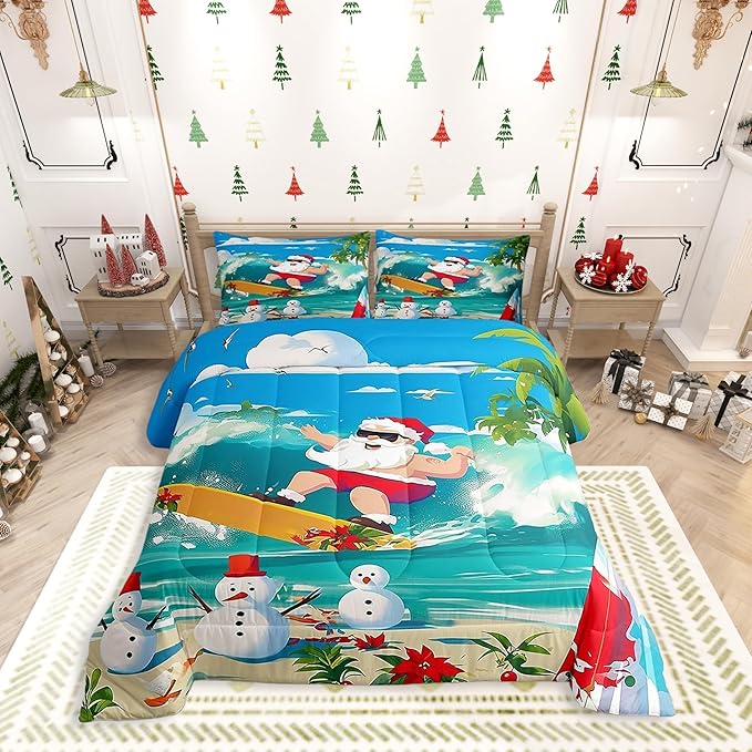 Manfei Christmas Comforter Set Queen Size, Santa Claus Surfing Theme Bedding Set for Kids Boy Girl Room Decor, Beach Snowman Down Comforter for All Season, Soft Polyester Quilt Set, 2 Pillowcases