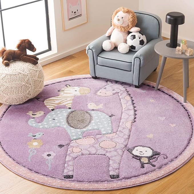 SAFAVIEH Carousel Kids Collection Area Rug - 6'7" Round, Purple, Animal Design, Easy Care & Non-Shedding, Ideal for High Traffic Areas for Boys & Girls in Playroom, Nursery (CRK120V-7R)