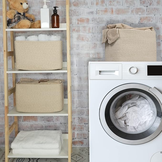 Rope storage Basket Bins Woven Basket for Organizing Shelves 14.5X9.5X9.3" Rectangle Decorative Baskets For storage Clothes Toys Books Towels Nursery basket organizer 3 pack Oatmeal
