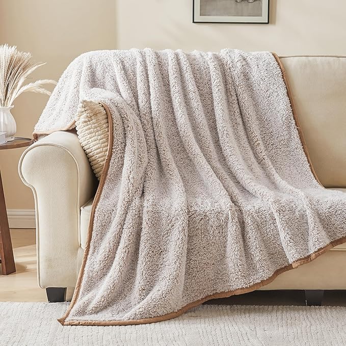 EMME Soft Sherpa Fleece Blanket Reversible Plush Fluffy Large Blanket, Light Weight Warm Decorative Boho Blanket Cover for Sofa, Couch, Bedroom,Travel(Khaki,108"x90")