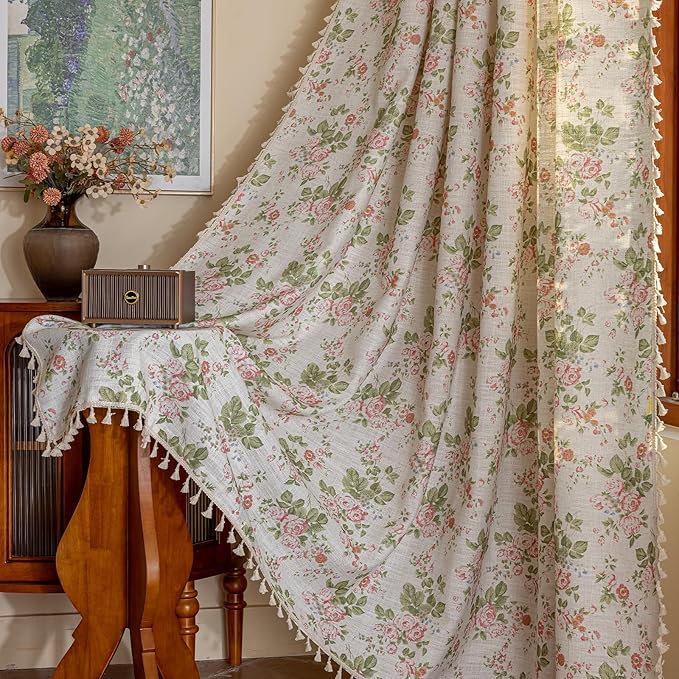 ENJOYBRIDAL Pink Floral Curtains 84 Inches Long Bedroom Semi Sheer Drapes Floor Length Living Room Farmhouse Boho Window Curtains 2 Panel Sets Dining Room Decor Rod Pocket Tassel Window Treatments