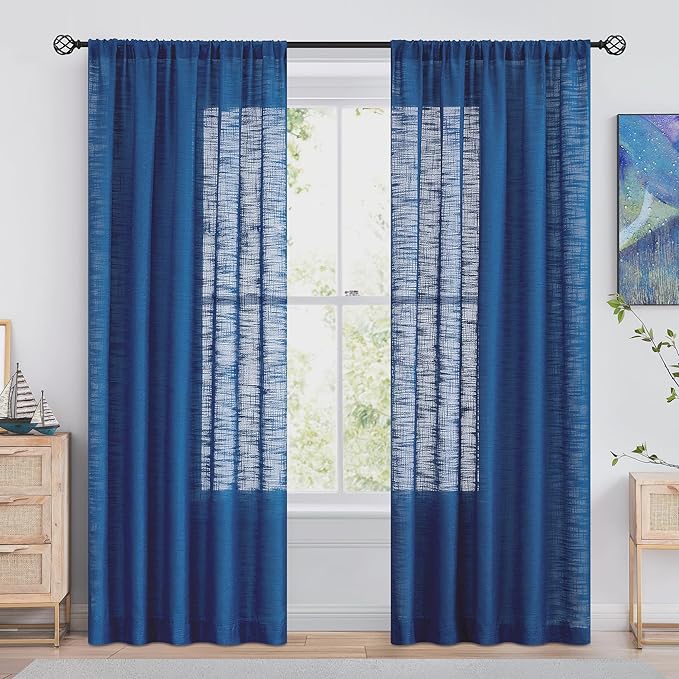 FMFUNCTEX Linen Semi Sheer Navy Blue Curtains for Bedroom Living Room, Blue Curtain Panels 84 Inches Long Sheer Linen Textured Window Drapes Farmhouse Light Filtering 2 Panels Rod Pocket