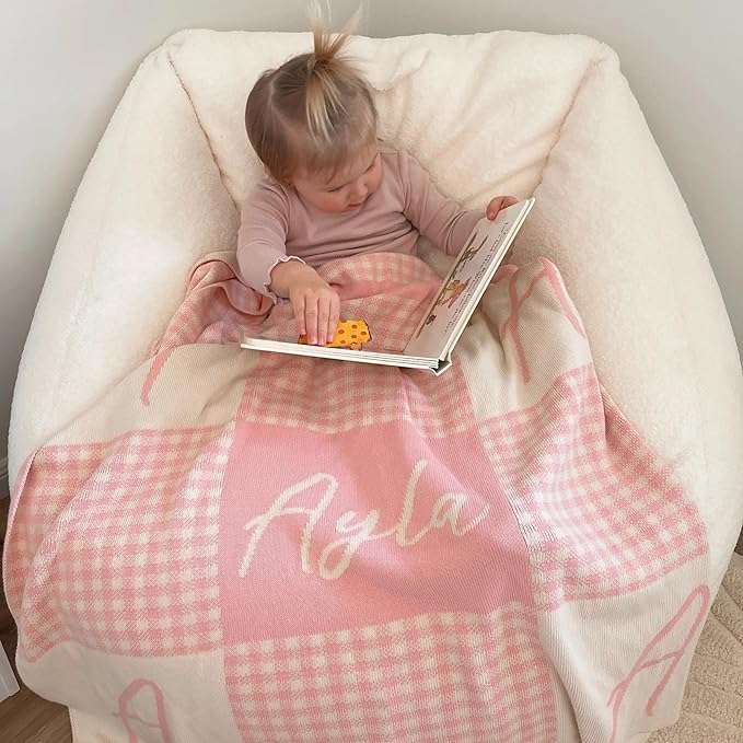 Personalized Signature Gingham Blanket – 100% Organic Cotton Customized Baby Blanket, Custom Name, Crib 36x60, Gift for Baby Shower, Birthday Present, Girls and Boys, Toddlers Kids, Made In America