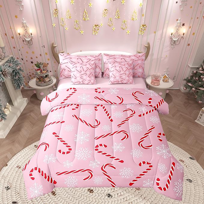 Erosebridal Xmas Candy Cane Twin Bedding Set 7 Piece,Merry Christmas Bed in A Bag for Kids Boys Girls,White Snowflake Comforter Set Pink Christmas Ornaments Sheet Set with Comforter
