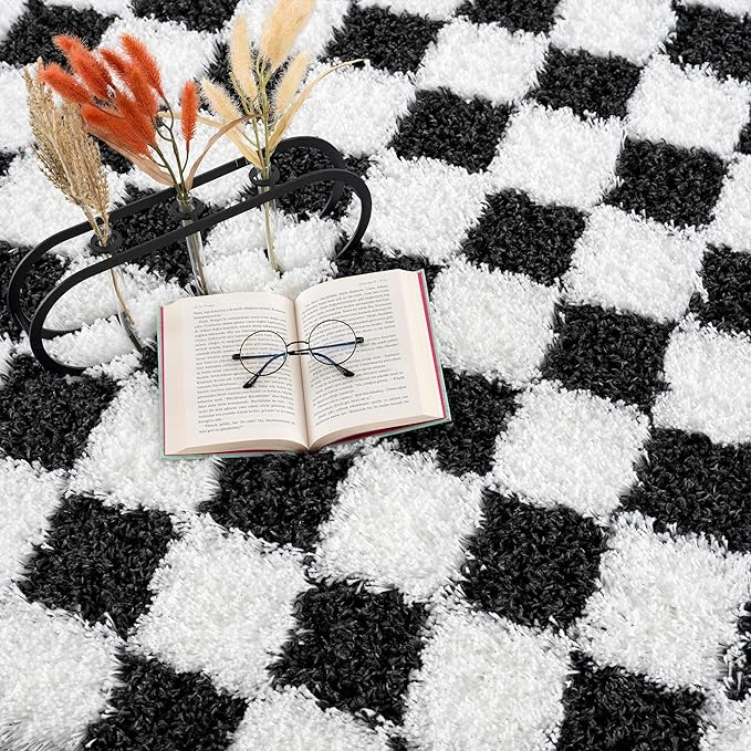 Hauteloom Atira Contemporary Checkered Fluffy Shag Area Rug - Modern Geometric Carpet Tiles for Living Room, Kids Room, Nursery - Plush Pile - White,Black - 8'10" x 12'
