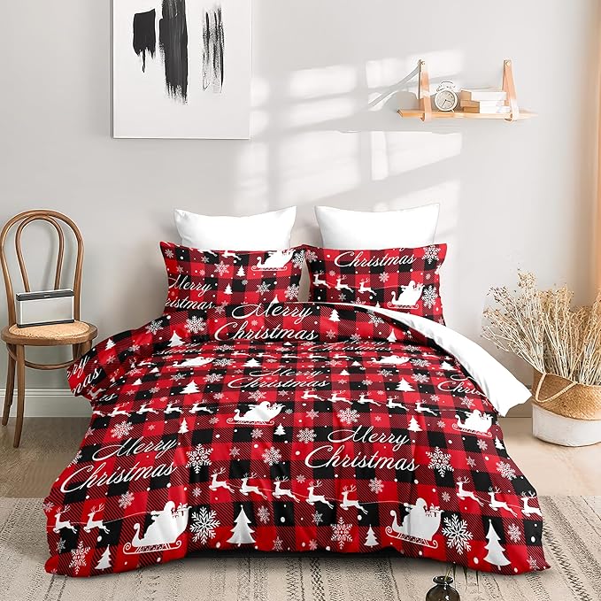 Christmas Duvet Cover Twin Size Red Black Gingham Bedding Set 2 Pieces Kids Boys Girls Christmas Deer Pattern Soft Warm Comforter Cover with Zipper Closure and 1 Pillowcase (No Comforter)