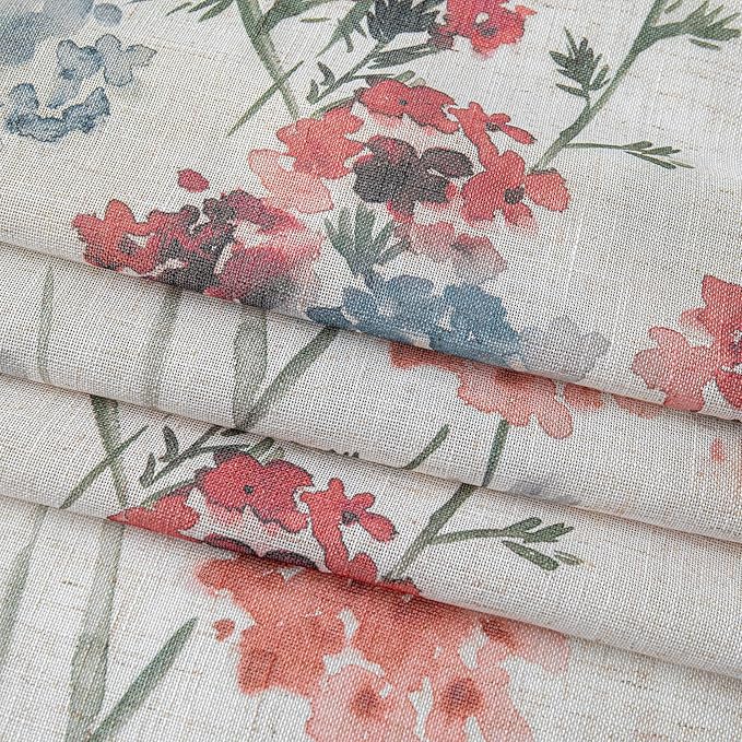 MYSKY HOME Linen Floral Curtains 84 inch Length 2 Panels Semi Sheer Light Filtering Privacy Protect Flower Patterned Drapes for Living Room Bedroom, 52" Wide, Red, Pack-2