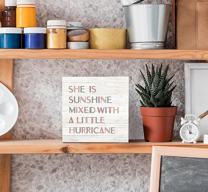 SRADMO She Is Sunshine Mixed with a Little Hurricane Boho Wood Box Sign Desk Decor, Baby Girls Inspirational Quotes Wooden Block Box Sign Decoration For Girls Room Nursery Playroom Shelf Table Decor