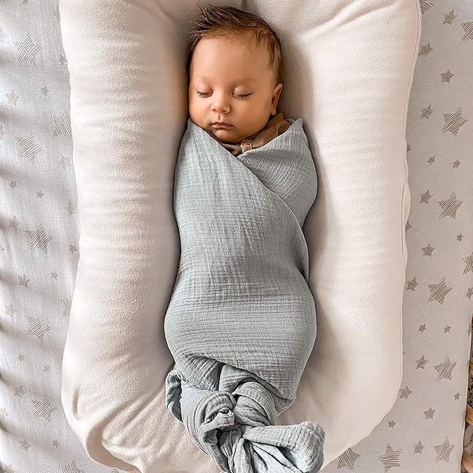 Ely's & Co. Cotton Muslin Swaddle Blanket 2-Pack for Baby Boy — 100% Cotton Muslin Extra-Large Swaddle Blankets (47” x 47”) Misty Blue, Solid & Dottie Design