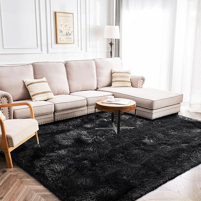 Fluffy Rug for Living Room 8x10 Feet, Black Area Rugs for Bedroom Non Slip 8x10 Clearance Rug for Kids Playroom