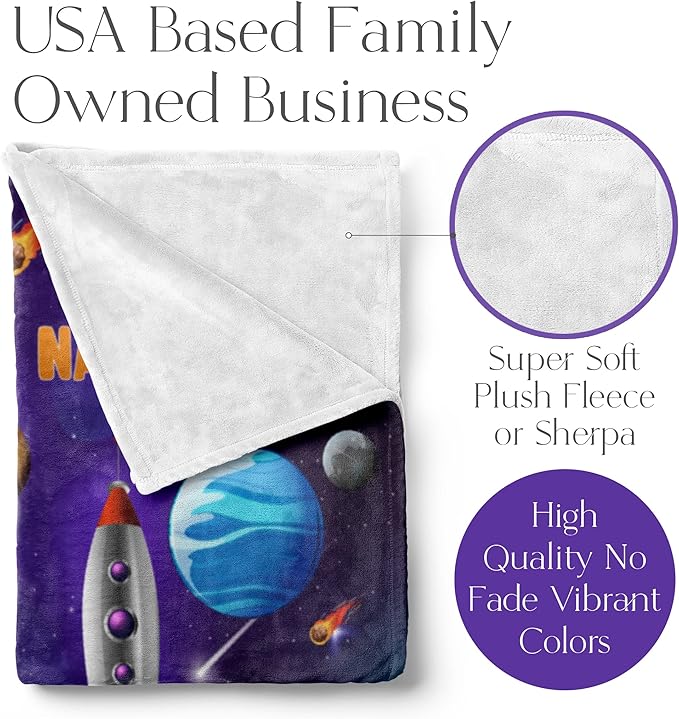Rocket Ship Blanket for Kids, Cute Custom Name Throw for Boys and Girls, Fun Outer Space, Galaxy, and Planets, Soft and Plush, Birthday and Christmas, (Sherpa 50x60)