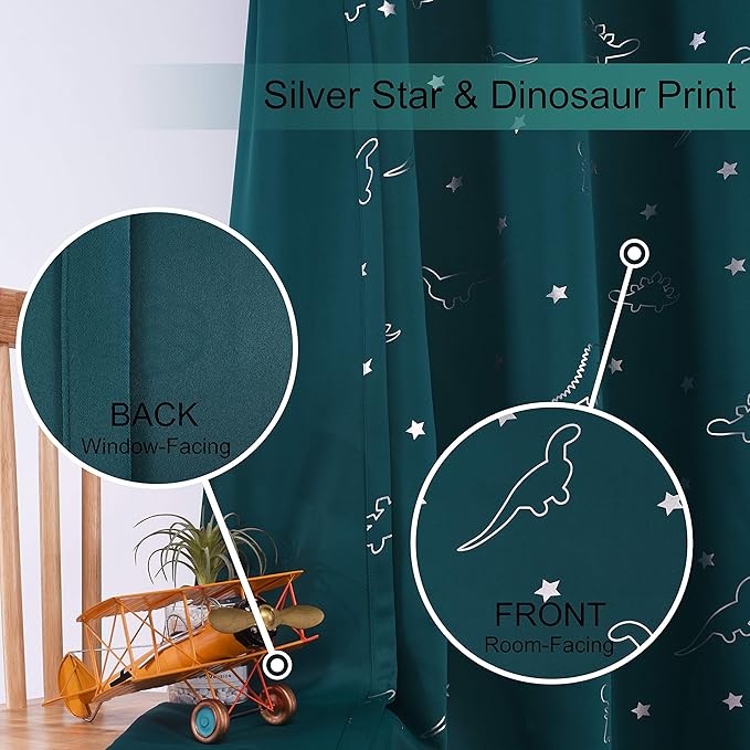 LORDTEX Dinosaur and Star Foil Print Blackout Curtains for Kids Room - Thermal Insulated Curtains Noise Reducing Window Drapes for Boys and Girls Bedroom, 52 x 63 Inch, Sapphire, Set of 2 Panels