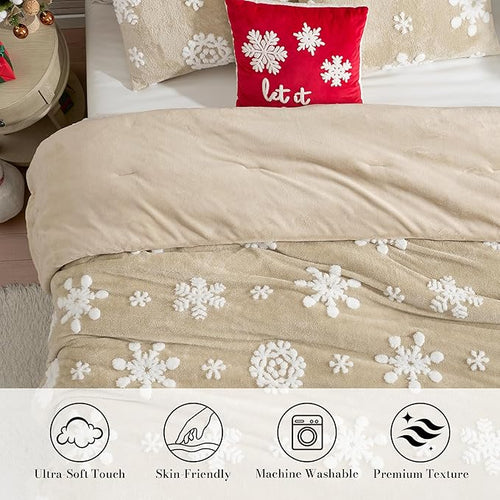 Amélie Home Christmas Comforter Set Queen, Beige Snowflake Comforter, Fluffy Fleece Comforter Set, Super Soft &Fluffy Plush Bedding Set for Winter, 3 Pieces, 1 Soft Comforter and 2 Pillow Shams