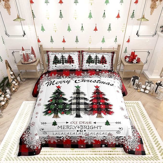 Christmas Comforter Set Twin Size, Red Plaid Xmas Trees Bedding Set 2pcs , Winter Snowflake New Year Reversible Down Comforter for All Season, Kids Boys Girls Room Decor, 1 Pillowcase, No Sheets
