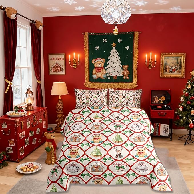 Manfei Merry Christmas Girls Bedding Set Twin Size,Kawaii Bowknot Cartoon Xmas Bear Comforter Set,Pine Tree Geometric Lattice Quilt Comforter Teens,Beige Red Green Room Decor All Season,1 Pillowcase