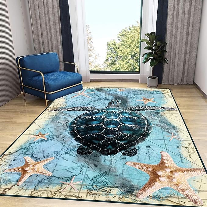 Nautical World Map Area Rug, 5x7ft, Coastal Sea Turtle Starfish Children's Rugs, Blue Ocean Themed Washable Dirty Resistant Mat, Soft Cozy Thin Easy Clean Mat for Floor Living Room
