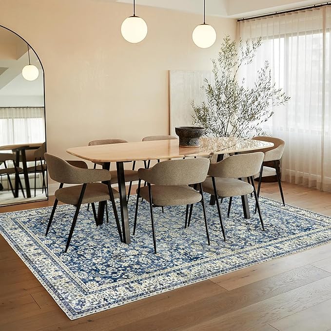 Blue Distressed Carpet Multi Rug Kitchen Living Room Bedroom Dining Room,6x9 Cover Print,Vintage Design Flower Area Rug