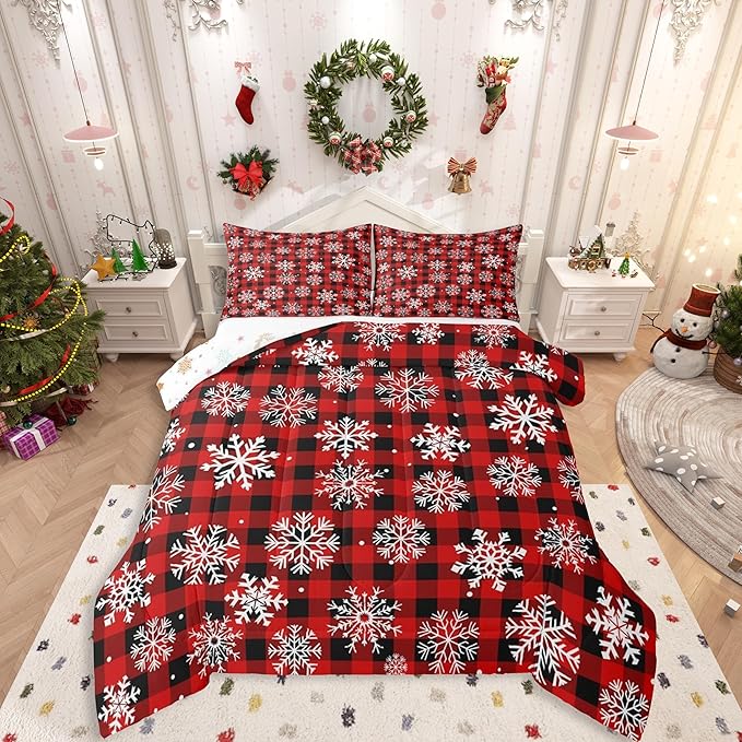 Feelyou Christmas Comforter Set Queen Size Red Black Plaid Bedding Set for Kids Boys Girls Winter Snow Duvet Quilt Snowflake Red Bedroom Decor Microfiber 3 Pcs with 2 Pillow Cases