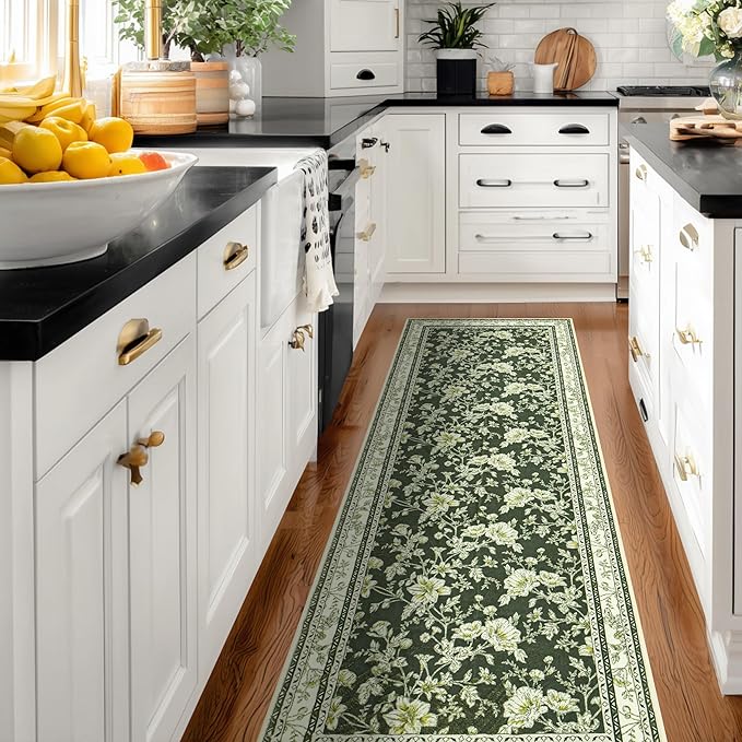 Olive Green Floral Print Area Rugs for Bedroom Living Room Boho Farmhouse Country Rustic Dining Room Carpet Soft Washable Rugs Non Slip Floor Covering for Nursery Playroom 3x8