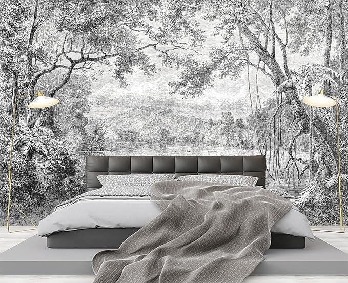 Black and White Tropical Rainforest Wall Mural Wallpaper for Bedroom 103" x 69"
