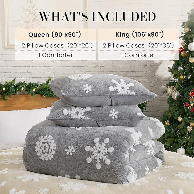 Amélie Home Christmas Comforter Set Queen, Fluffy Fleece Bedding Set with Christmas Snowflake, Grey Plush Comforter for Winter, 3 Pieces, 1 Soft Comforter and 2 Pillow Shams