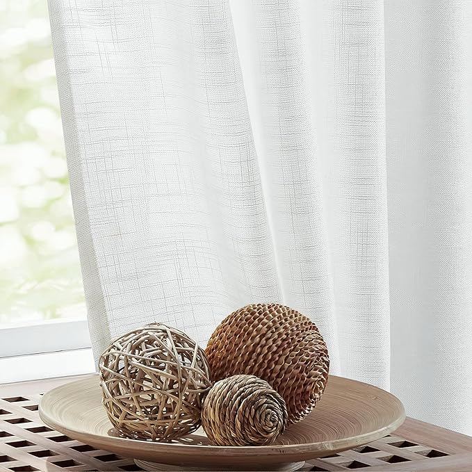 FMFUNCTEX Linen Semi Sheer Curtains for Bedroom, White Curtains 45 Inches Long for Living Room, Country Farmhouse Sheer Short Drapes, Light Filtering Window Curtain, Grommet Top 2 Panels