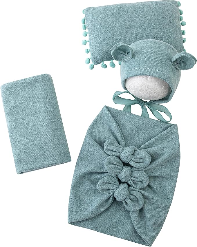 Vemonllas Newborn Baby Boy Girl Photography Props Bow Wrap, Posing Aid, Hat and Blanket Set of 4 Pcs