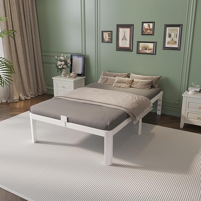 16 Inch Twin Bed Frames with Metal Baffles, White Twin Metal Bed Frame No Box Spring Needed, Heavy Duty Steel Platform Supprt, Rounded Corner Design, Storage Space. Noiseless, Reserved Holes