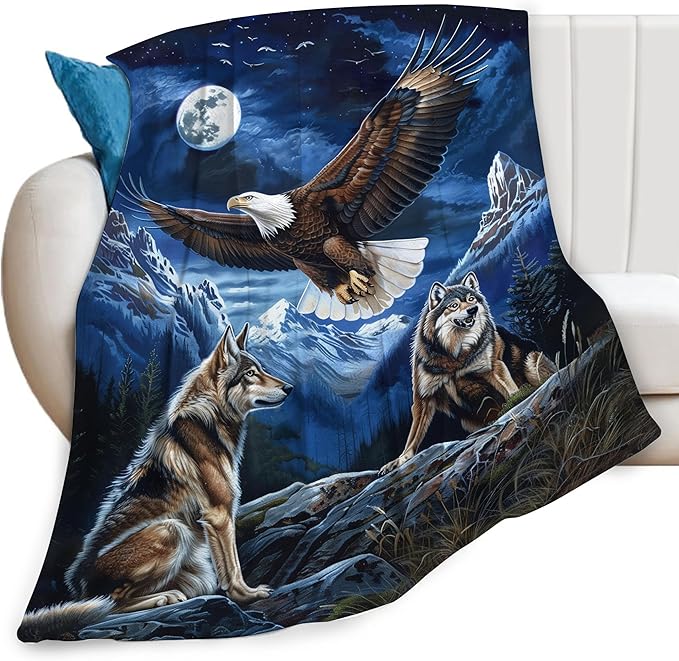 Bald Eagle Wolf Throw Blanket Wild Animal Print Blankets Gifts Couch Sofa Bed Stuff Decor Soft Cozy Lightweight Flannel Bedding for Lover 40"x50"
