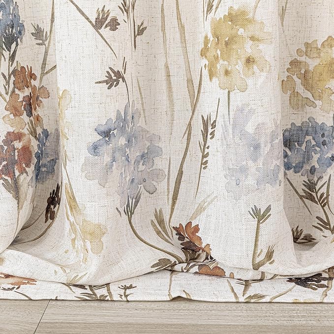MYSKY HOME Living Room Linen Curtains 90 inch Floral Pattern Light Filtering Privacy Protect Drapes for Window Decoration Rustic Vintage Style for Family Room, 52" Wide, Yellow, 2 Pcs