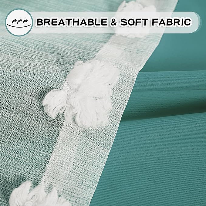 MYSKY HOME Room Darkening Curtains White Sheer Pom Pom Curtains for Living Room Teal Blackout Curtains for Sliding Door Decor Drapes Double Layer Window Panels Boys Bedroom Grommet Set of 2 W52 X L95