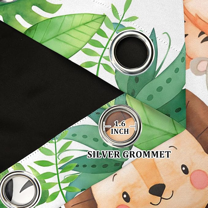 Renaiss 42 x 45 Inch Safari Animal Curtains for Kids Tropical Rainforest Lions Tigers Elephants Giraffes African Jungle Tree Green Leaf Print Window Drapes for Nursery Baby Bedroom Playroom 2 Panels