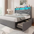 LED King Size Bed Frame with 4 Storage Drawers, Upholstered King Bed Frame with 2-Tier Headboard and Charging Station, No Box Spring Needed, Easy to Assembly - Light Grey