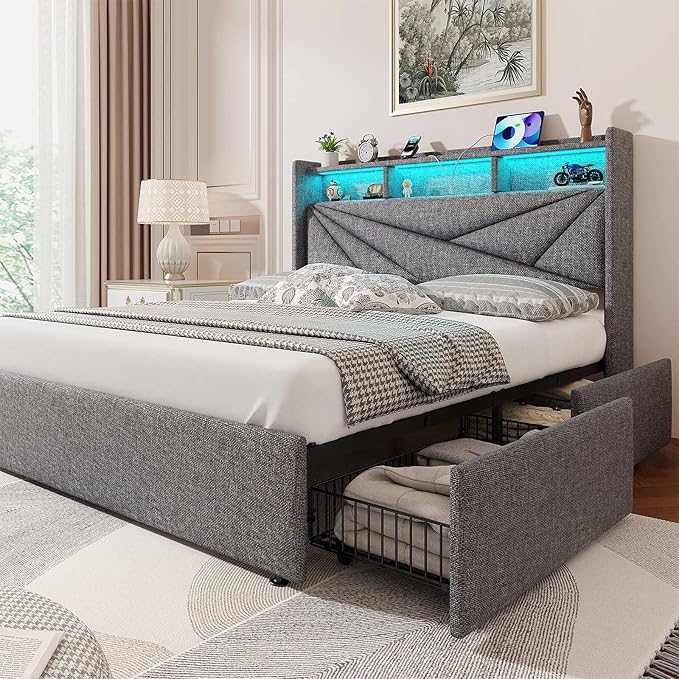 LED King Size Bed Frame with 4 Storage Drawers, Upholstered King Bed Frame with 2-Tier Headboard and Charging Station, No Box Spring Needed, Easy to Assembly - Light Grey