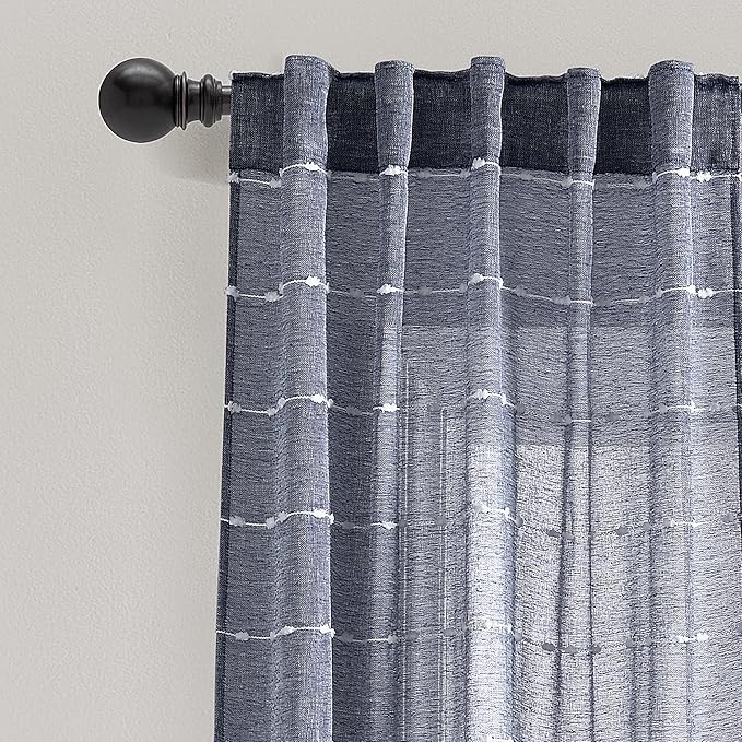 Lush Decor Farmhouse Textured Back Tab/Rod Pocket Sheer Window Curtain Panel Pair, 38"W x 84"L, Navy