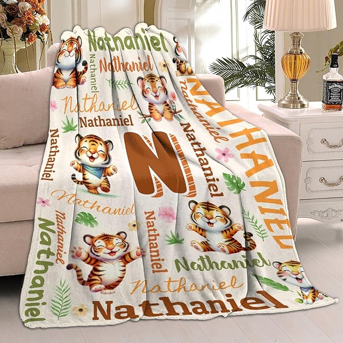 Personalized Custom Tiger Blanket Gifts for Kids Boys Girls with Name - Customized Tiger Super Soft Lightweight Flannel Sheets Decor for Crib Nap Couch - 60"x80" for Adult