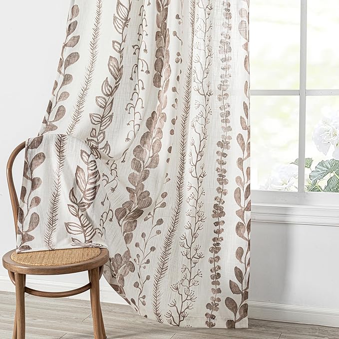 MEETSKY Boho Curtains 2 Panels Curtains 63 Inches Long Boho Linen Style Curtains for Living Room Semi-Sheer Back Tab Drapes Light Filtering Rod Pocket Window Curtains 2 Panels, Brown
