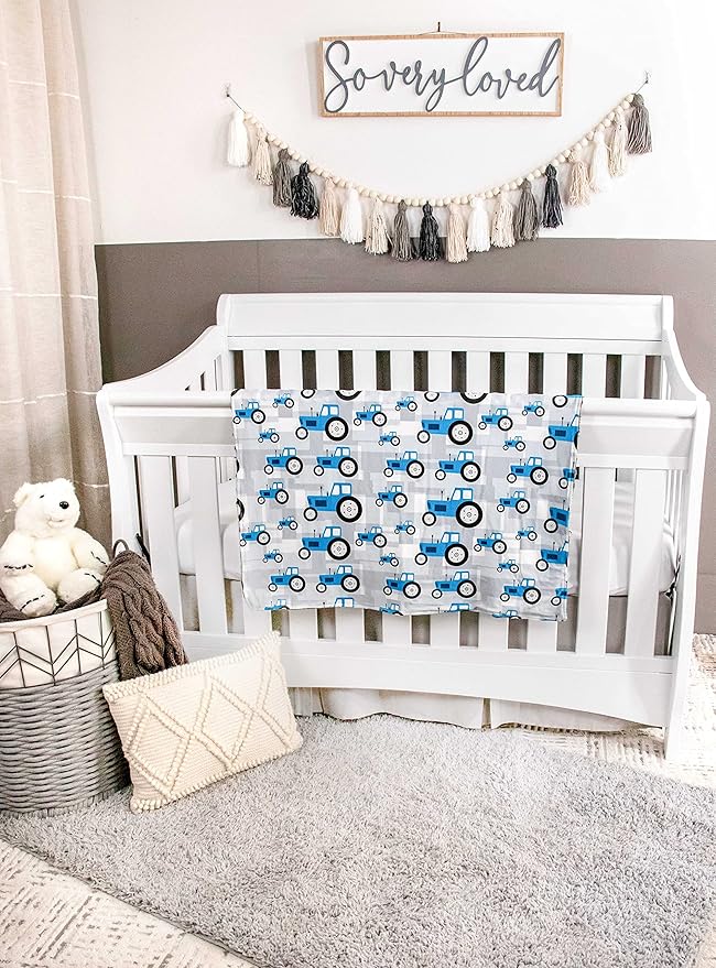 Top Tots Baby Blanket - Tractor with Brown Minky Dot, 38.5 x 29 Inch Blue & Grey
