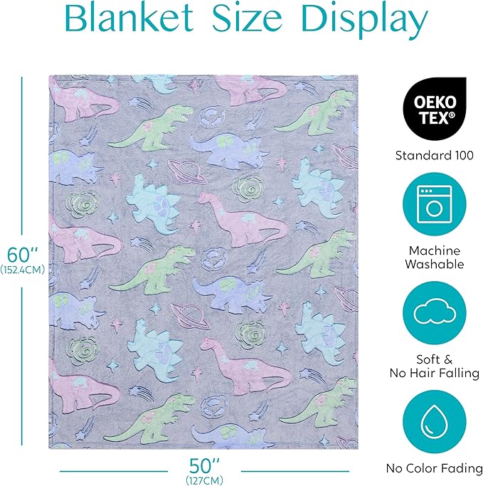 Joiedomi Glow in The Dark Blanket Dinosaur Toys for Kids 3-5 Dinosaur Gifts Toys for Age 2 3 4 5 6 7 8 9 10 11 12 Year Old, Soft Cozy Flannel Kids Throw Blanket, Birthday 50"×60"