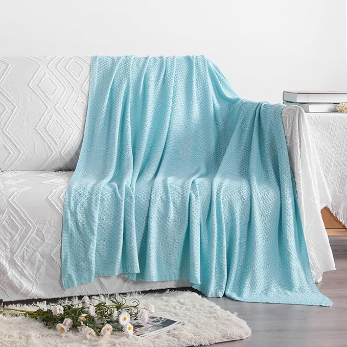 NTBAY Cable Knit Cooling Throw Blanket, Soft and Breathable Throw Blanket 51x67 Inches Made from Rayon Derived from Bamboo for Couch, Sofa, Nap, Blue