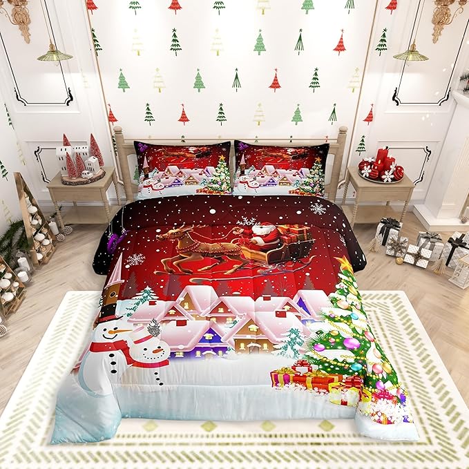 Manfei Christmas Comforter Set King Size, Snowman Xmas Tree Bedding Set 3pcs for Kids Boys Girls Room Decor, Santa Claus with Reindeer Quilt Set New Year Theme Duvet Set with 2 Pillowcases