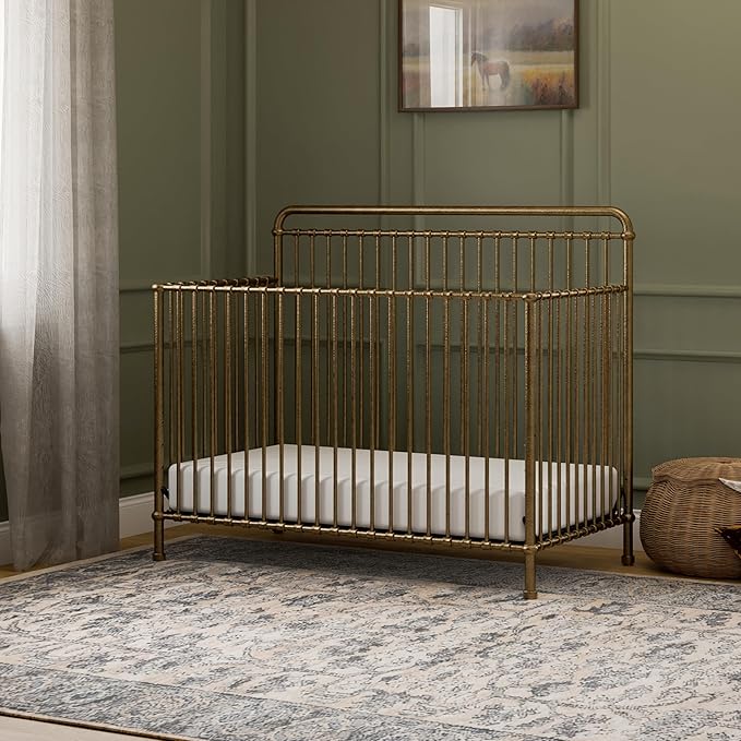NAMESAKE Winston 4-in-1 Convertible Crib - GREENGUARD Gold Certified Metal Baby Crib Convertible to Toddler Bed, Daybed, Full Size Bed w/ 4 Mattress Heights - Vintage Gold Bedside Crib for Baby