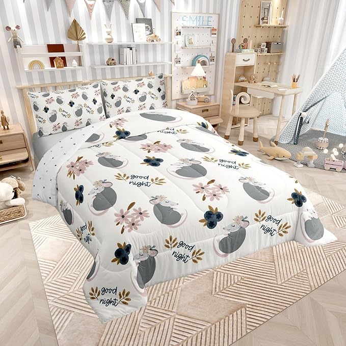 Castle Fairy Watercolor Flower Plant Boys Girls Comforter Set Full Size,Cute Opossum Duvet Set Teens Bedroom Decor,Cartoon Animals Microfiber Soft Bedding