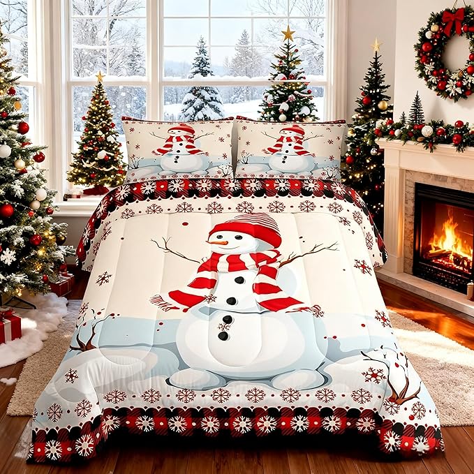 Kids Snowman Christmas Comforter Set Queen Size,Snowflake Romantic Bedding,Girls Boys Adults Bedroom/Xmas Cabin Decor,Geometric Grid Lattice Down Comforter,Rustic Farmhouse Duvet Insert,2 Pillowcases