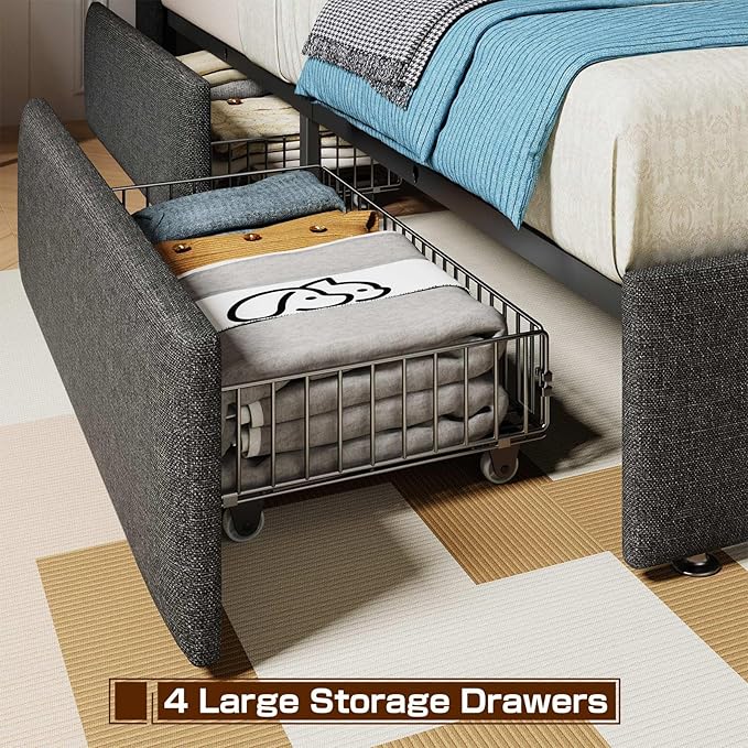 LED Full Size Bed Frame with 4 Storage Drawers, Upholstered Full Bed Frame with 2-Tier Headboard and Charging Station, No Box Spring Needed, Easy to Assembly - Dark Grey
