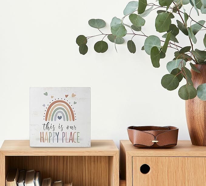 Mtrgdn Boho Rainbow Classroom Desk Decor,This Is Our Happy Place Wooden Box Sign for Nursery Playroom Classroom Homeschool Library Kids Room Desk Shelf Decoration,5x5 Inch