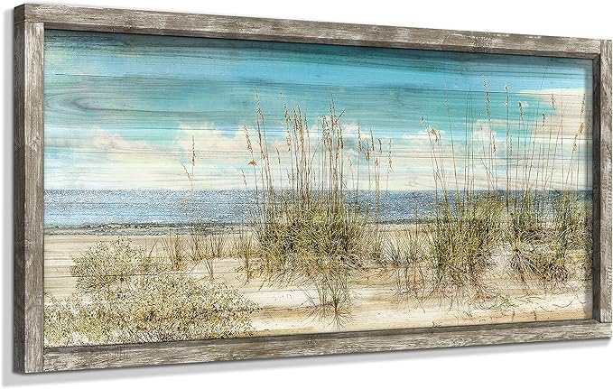 Ocean Framed Wooden Wall Art: Coastal Theme Painting Style Artwork 40"x20" Beach Art Prints Coastal Pictures Seaside Wall Decor for Living Room