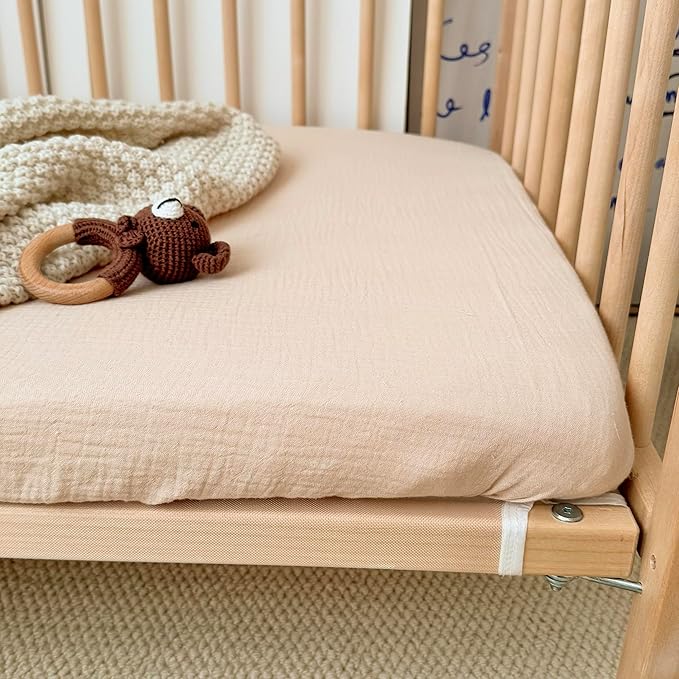 BuLuTu Muslin Mini Crib Sheets 38"x26", 2 Pack, Soft Breathable 2-Layers Gauze Cotton Baby Crib Mattress Sheets, Pack and Play Mattress Sheets Fitted for Pack N Play, Beige & Pink